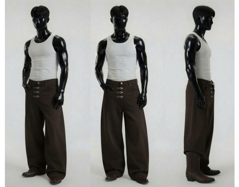 TrueAlias Aero pants — three-buckle wide leg, three angles